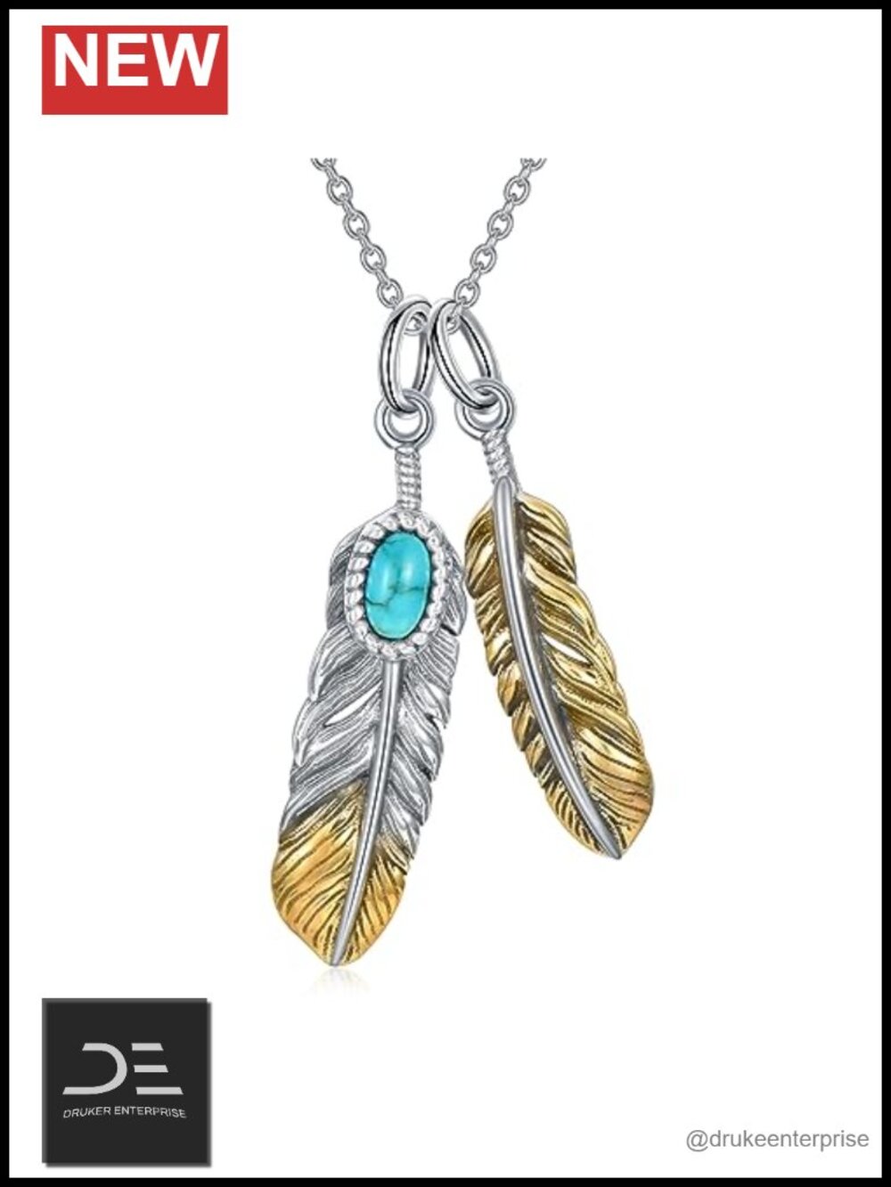 Sterling Silver Feather Pendant Necklace Turquoise Western Jewelry